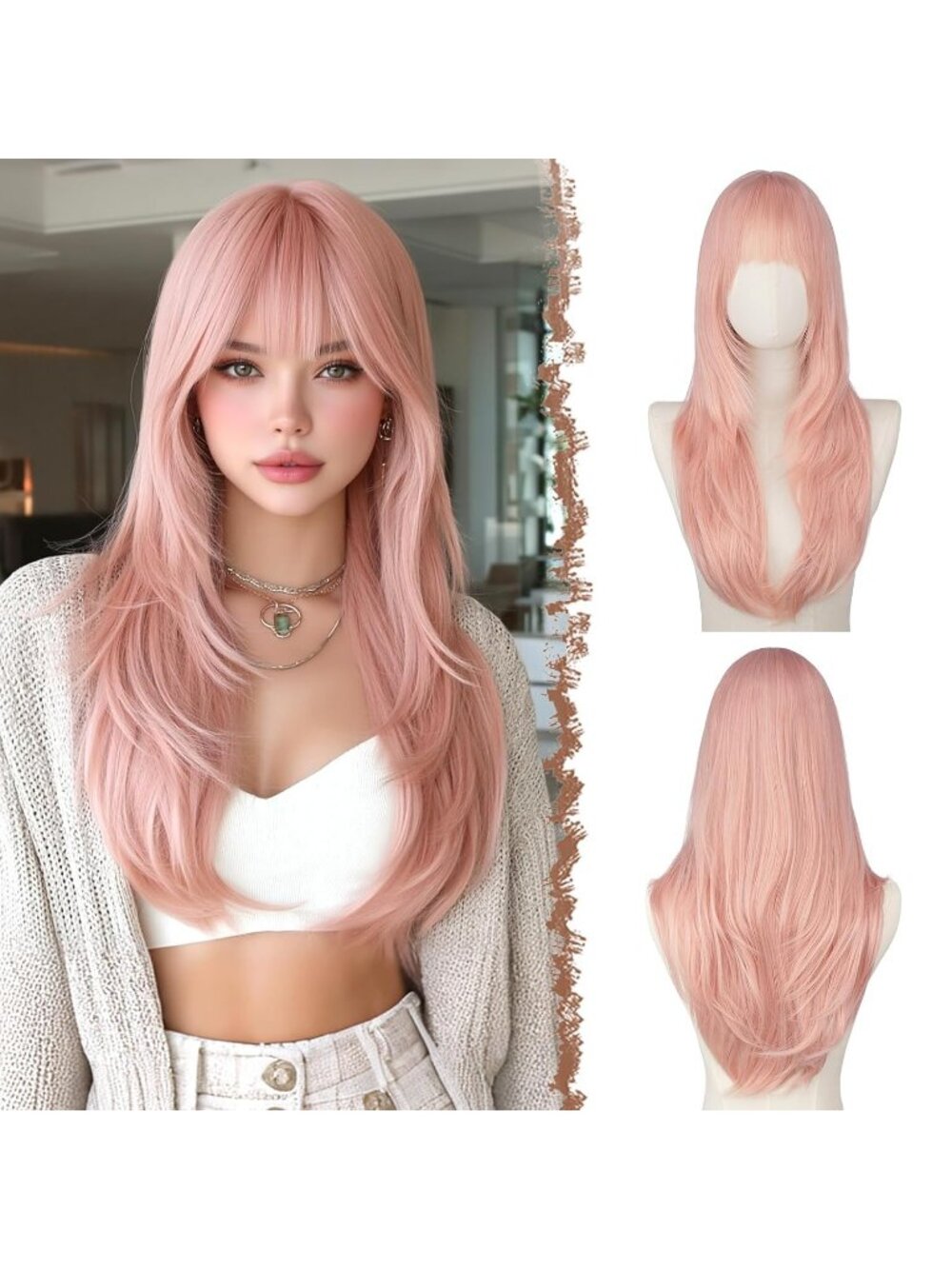 24 Inch Women's Pink Blonde Synthetic Long Straight Sleek Layered Wig with Bangs